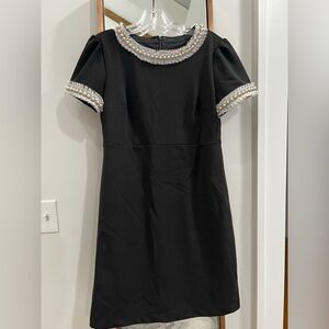 Betsey Johnson black scuba crepe pearl jewel trim short sleeve sheath dress.
